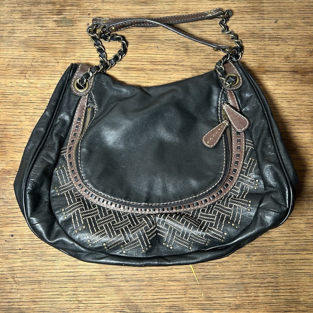 HOBO International Black Leather Messenger Shoulder Bag Purse Slouchy Flip